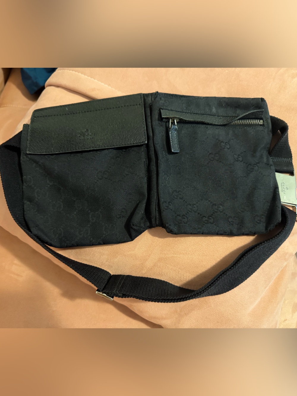 Gucci Black Monogram Belt Bag with Silver Buckle